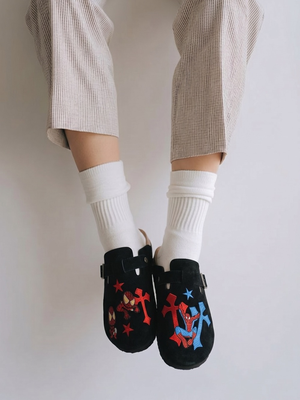 Men's Spider Man Black Suede Slip-On Clogs with Red & Blue Spider Embroidery